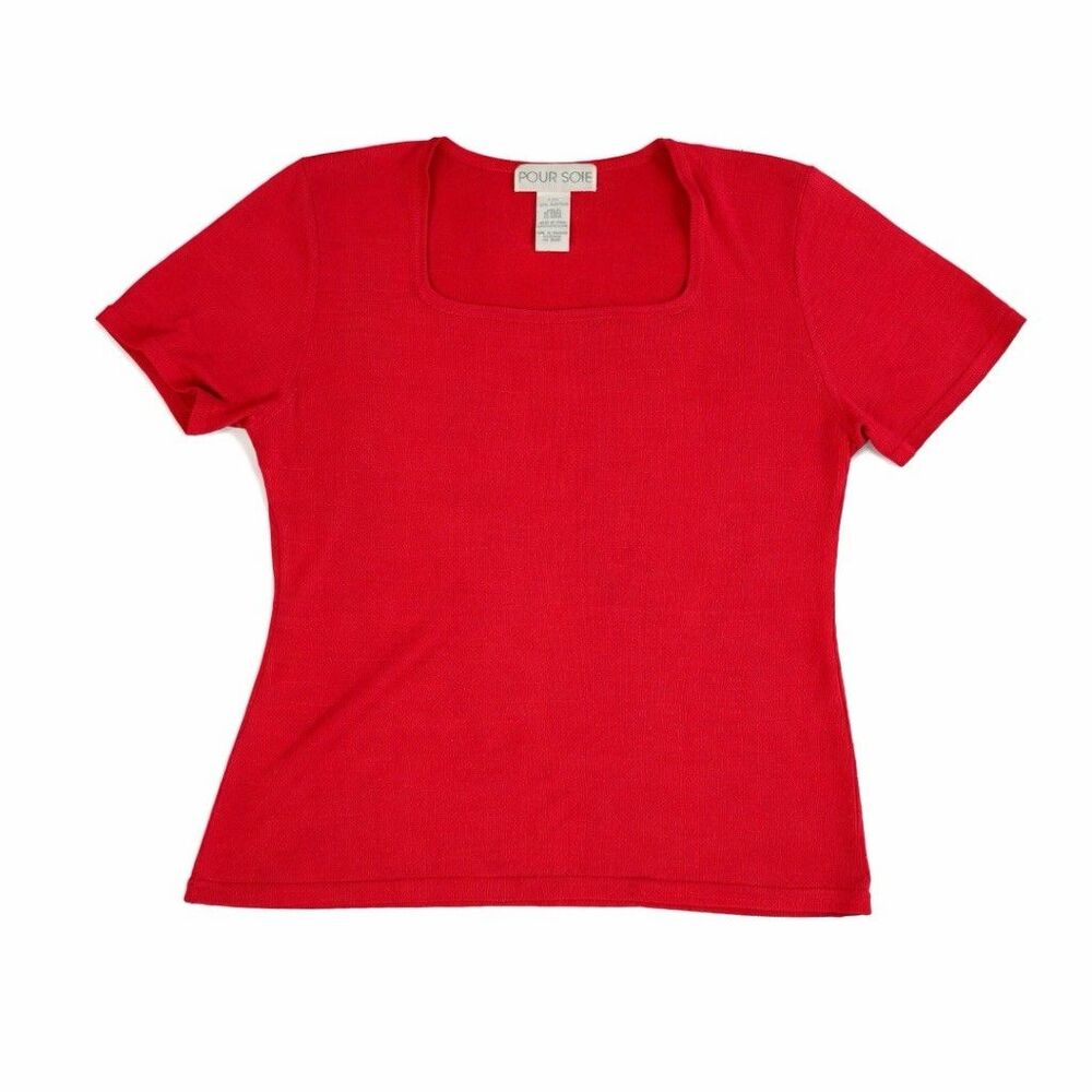 Pour Soie 100% Silk Knit Top Red Short Sleeve Sweater Lightweight Classic M - Picture 3 of 6